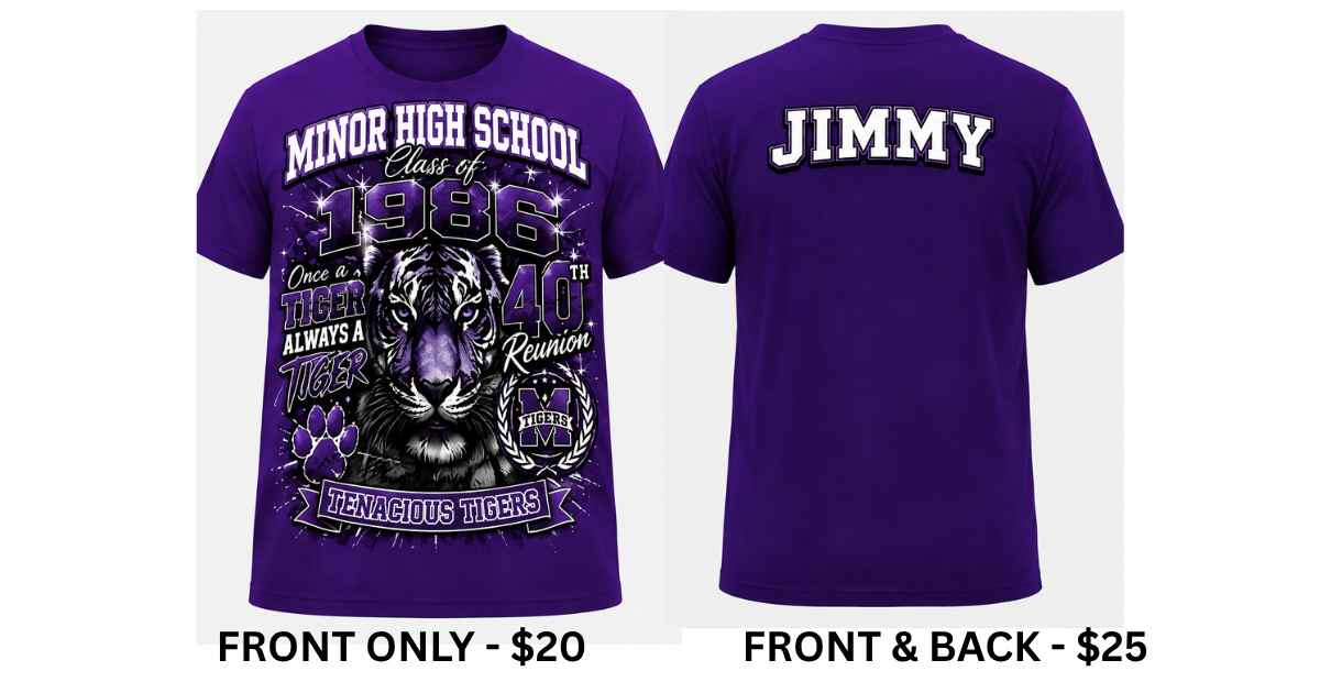 Minor High School Class of 1986 40th Reunion T-Shirt | Tenacious Tigers