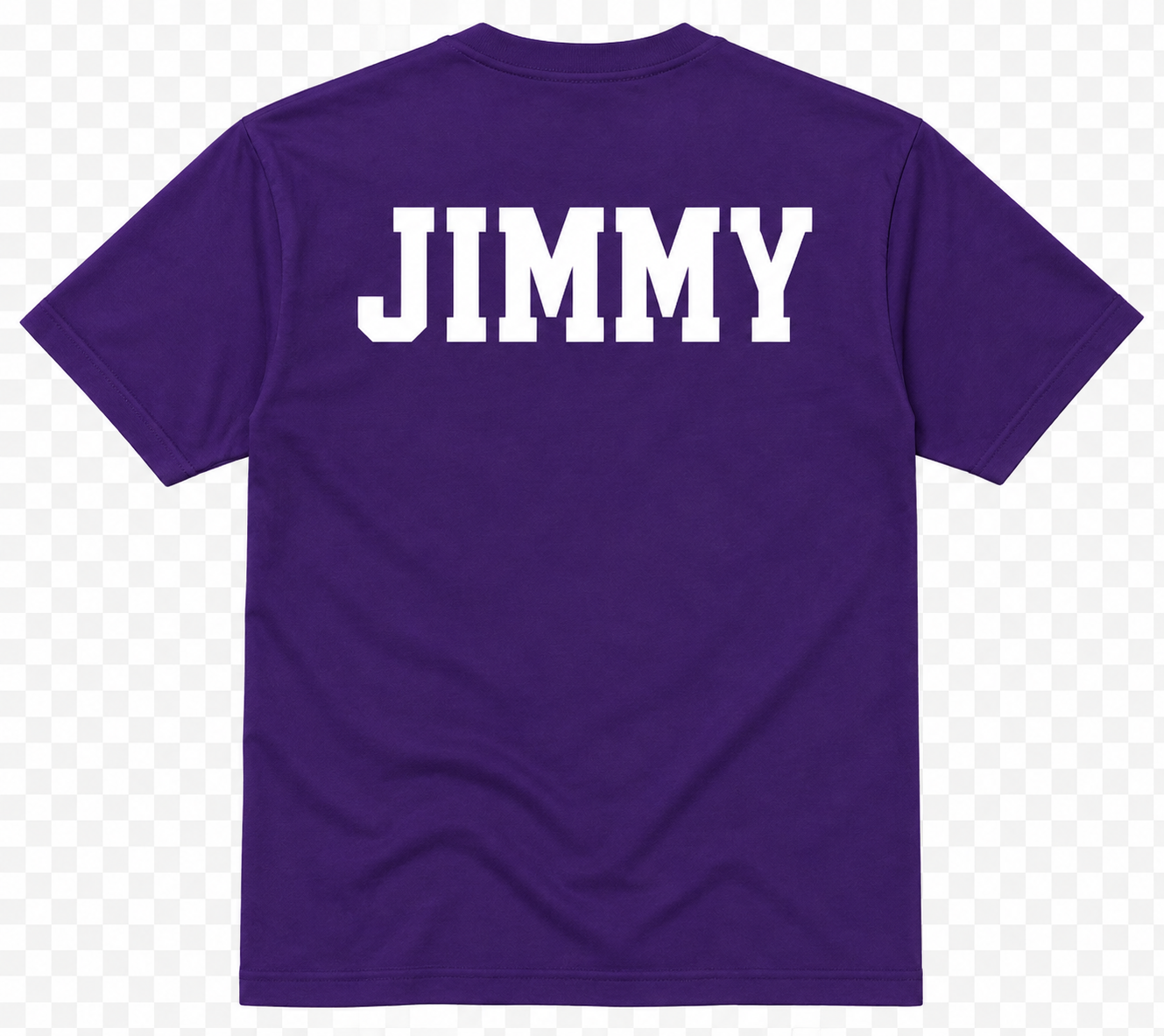 Example personalized back of Minor High School Class of 1986 40th Reunion purple shirt with JIMMY